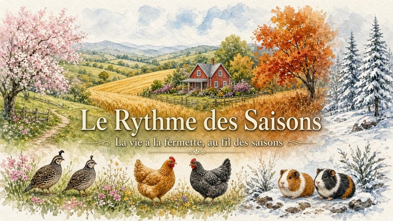 Aquarelle d'une campagne québécoise au fil des quatre saisons, avec des cailles et des cochons d'Inde, et le titre « Le Rythme des Saisons »